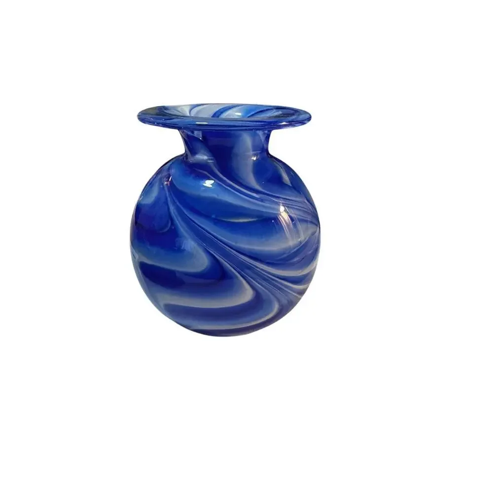 West Elm Handblown Swirl Glass Vase – Cobalt Blue & White – 6”